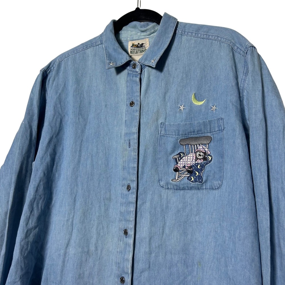 vintage 90's‎ whimsical denim button up top ~ embroidered sleepy bear moon/stars